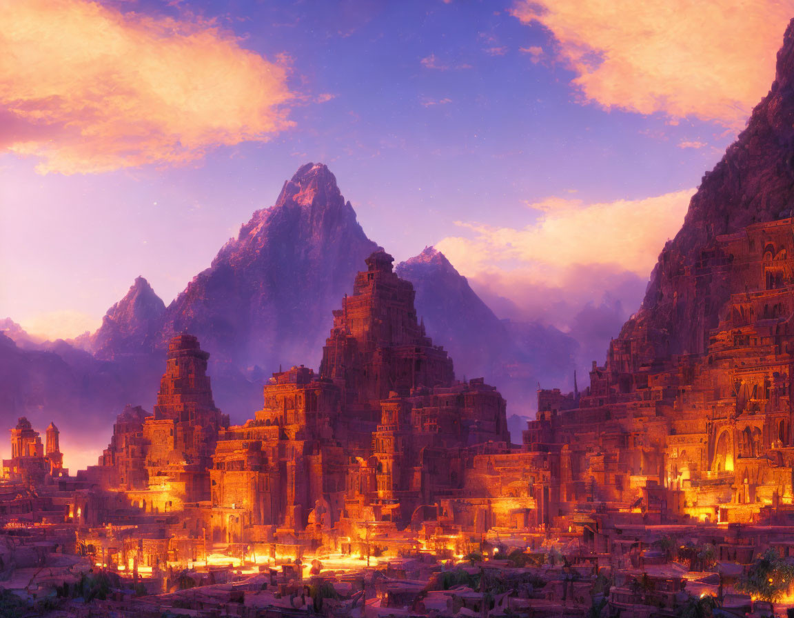 Fantasy cityscape at sunset with illuminated mountain buildings under vibrant sky
