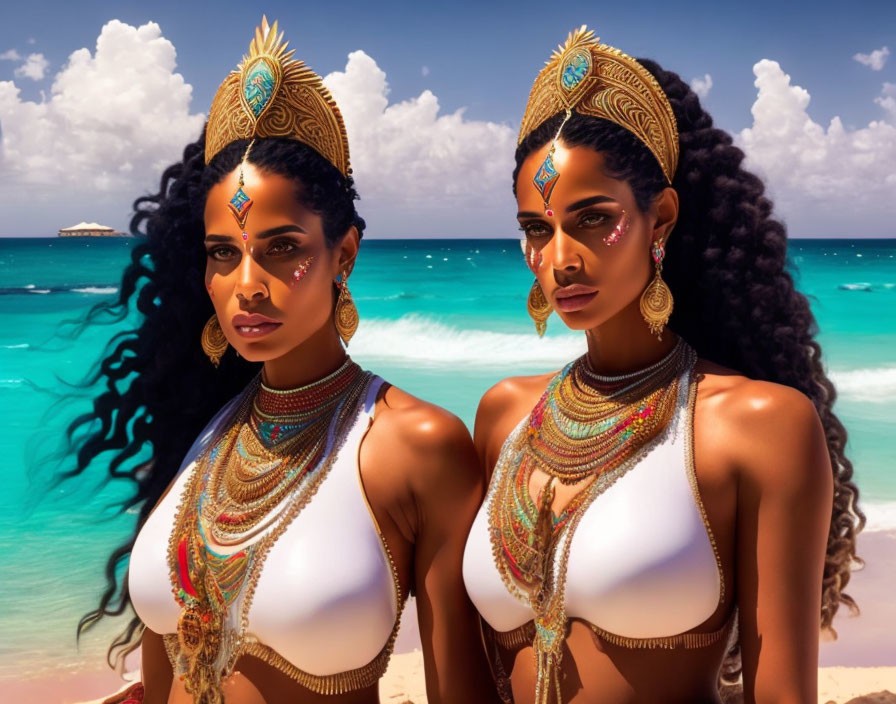 Two women with ornate headpieces and jewelry at a beach under a clear blue sky