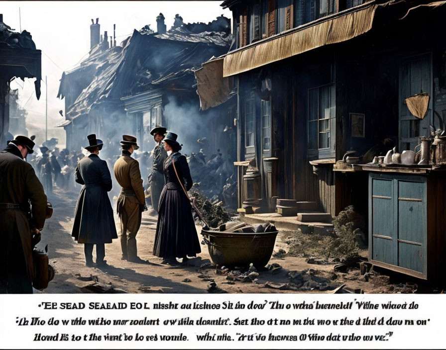 Historical setting with people in period clothing observing fire aftermath