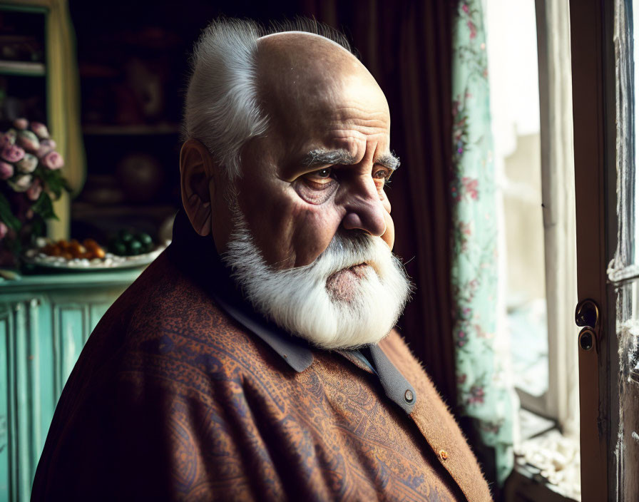 Elderly man with white beard and mustache gazes out vintage room window