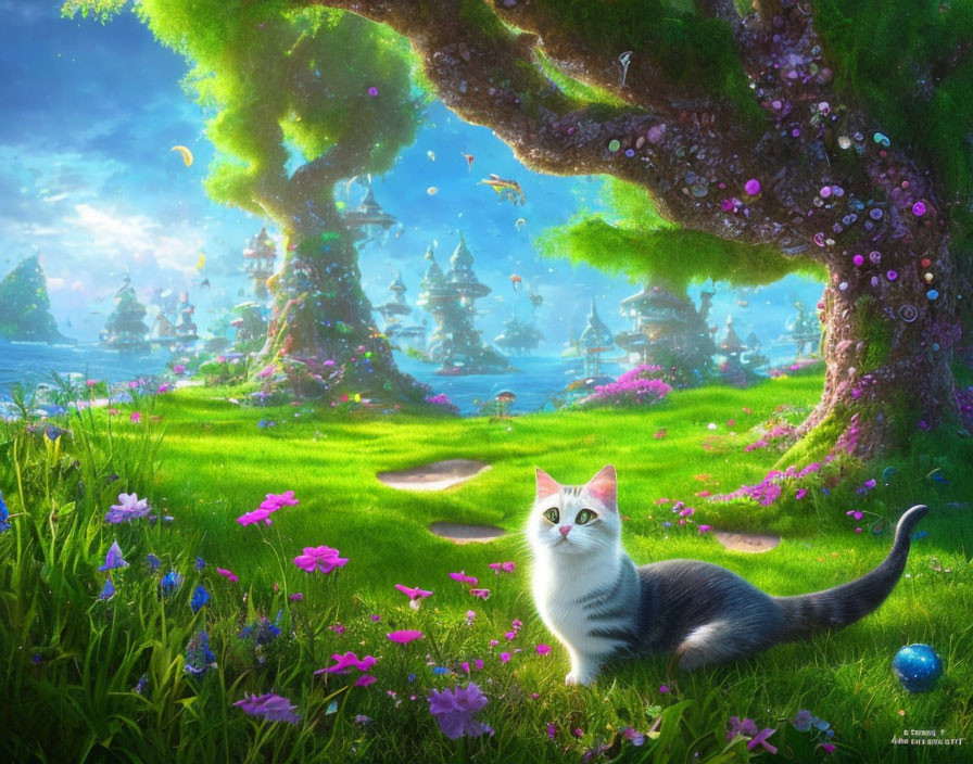 White and Gray Cat in Fantastical Meadow with Pink Flowers