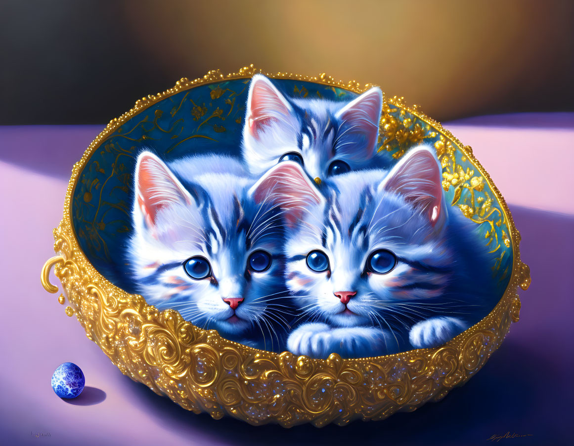 Three blue-eyed kittens in golden ornate bowl with small blue ball on purple and beige background