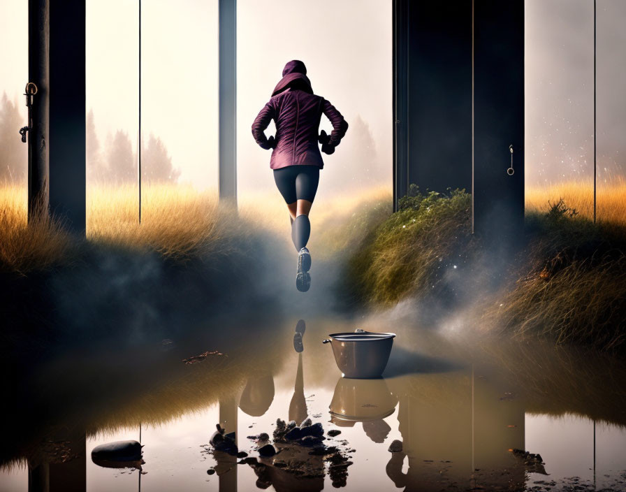 Person jogging through surreal doorways in misty field at twilight with floating pot and debris reflected in water