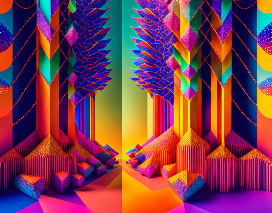 Symmetrical neon-colored forest in digital art