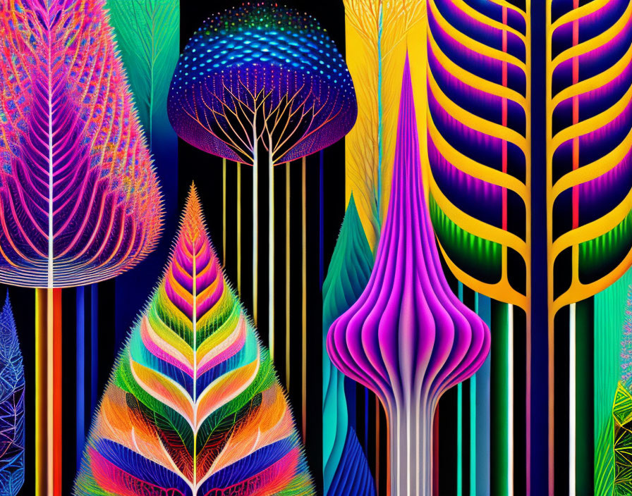 Colorful Psychedelic Tree Illustration with Neon Patterns