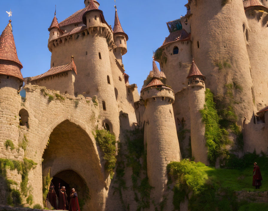 Medieval castle with towering spires and stone gate under clear blue sky