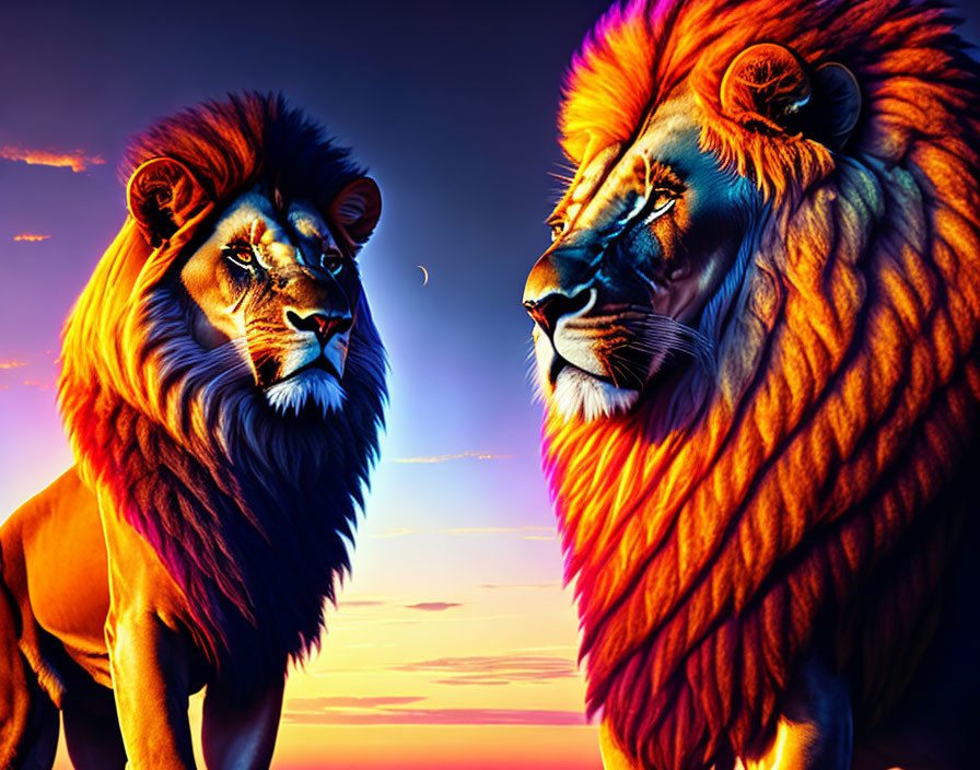 Vibrant lions in sunset scene with moon in sky