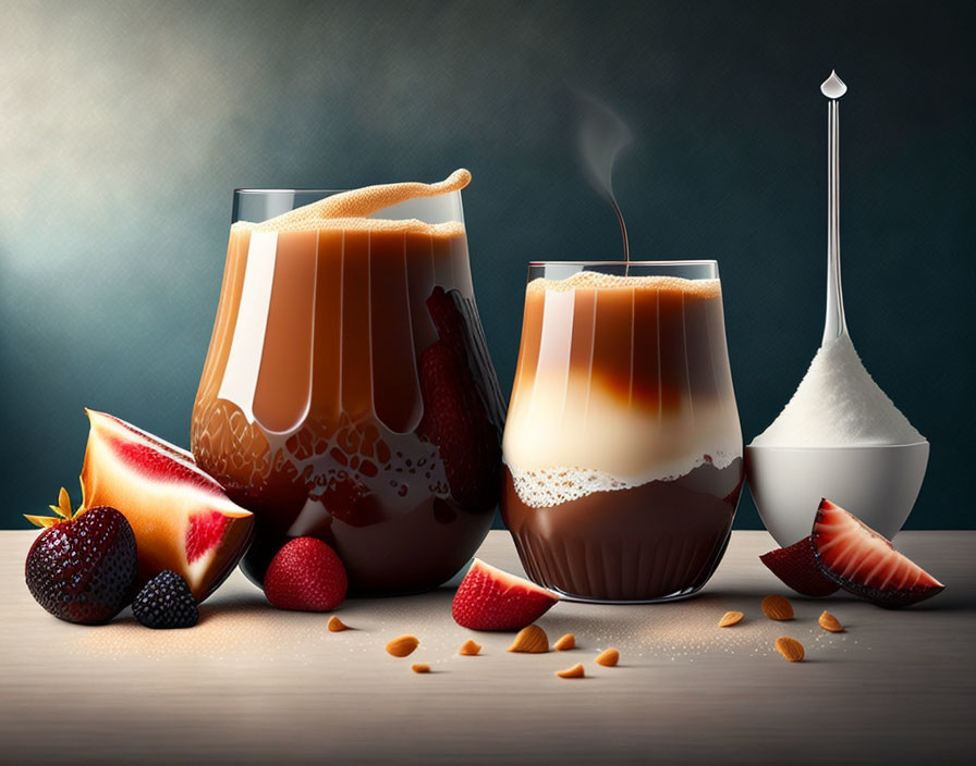 Creamy Beverage with Strawberries, Sugar, and Almonds on Dark Background