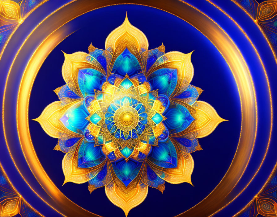 Symmetrical blue and gold mandala on dark blue background