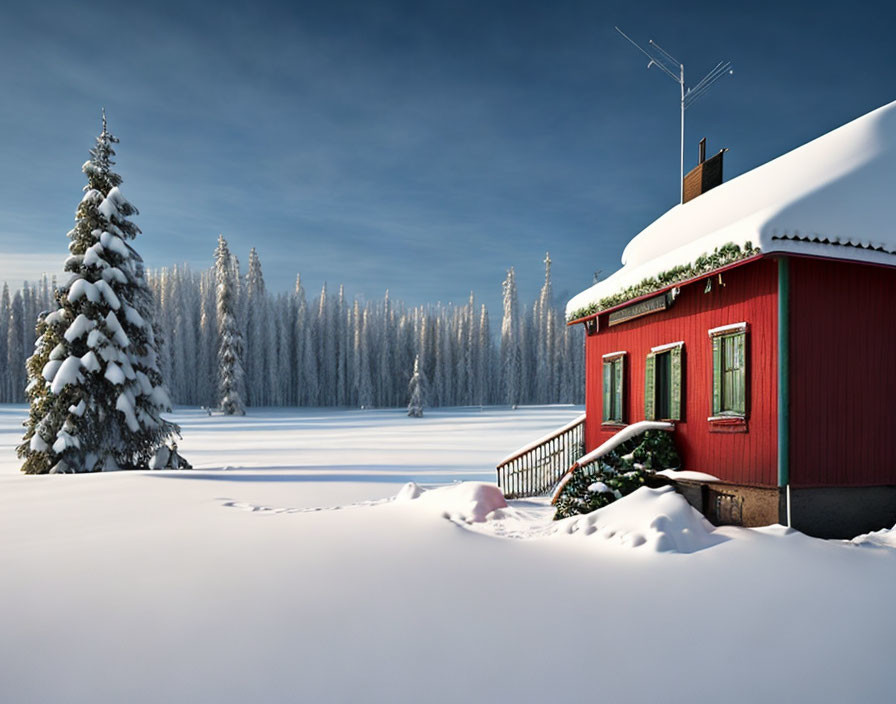 Red house in snow-covered landscape with blue sky