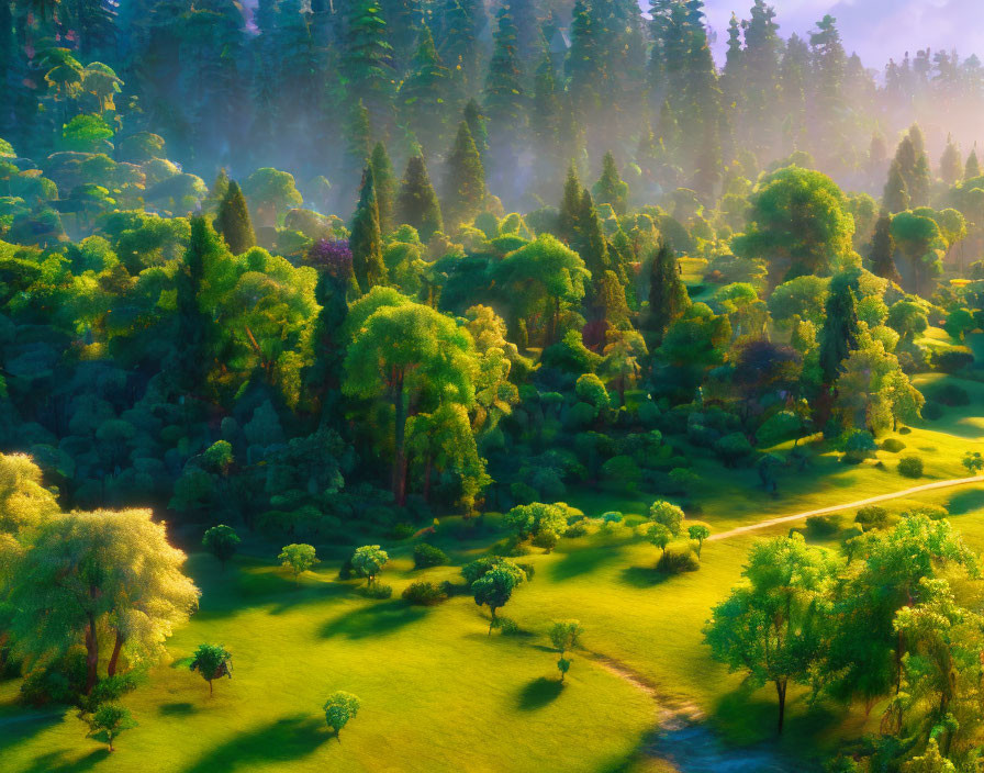 Vibrant Green Forest Clearing with Sunlight and Mist