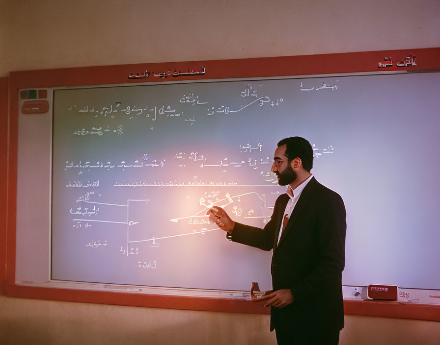 Professional man in suit teaching Arabic equation on whiteboard