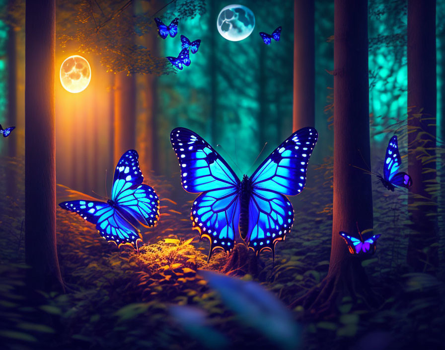 Nighttime forest scene with glowing blue butterflies and luminescent orbs among bamboo trees
