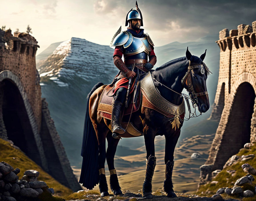 Knight on black horse before castle with mountains under dramatic sky