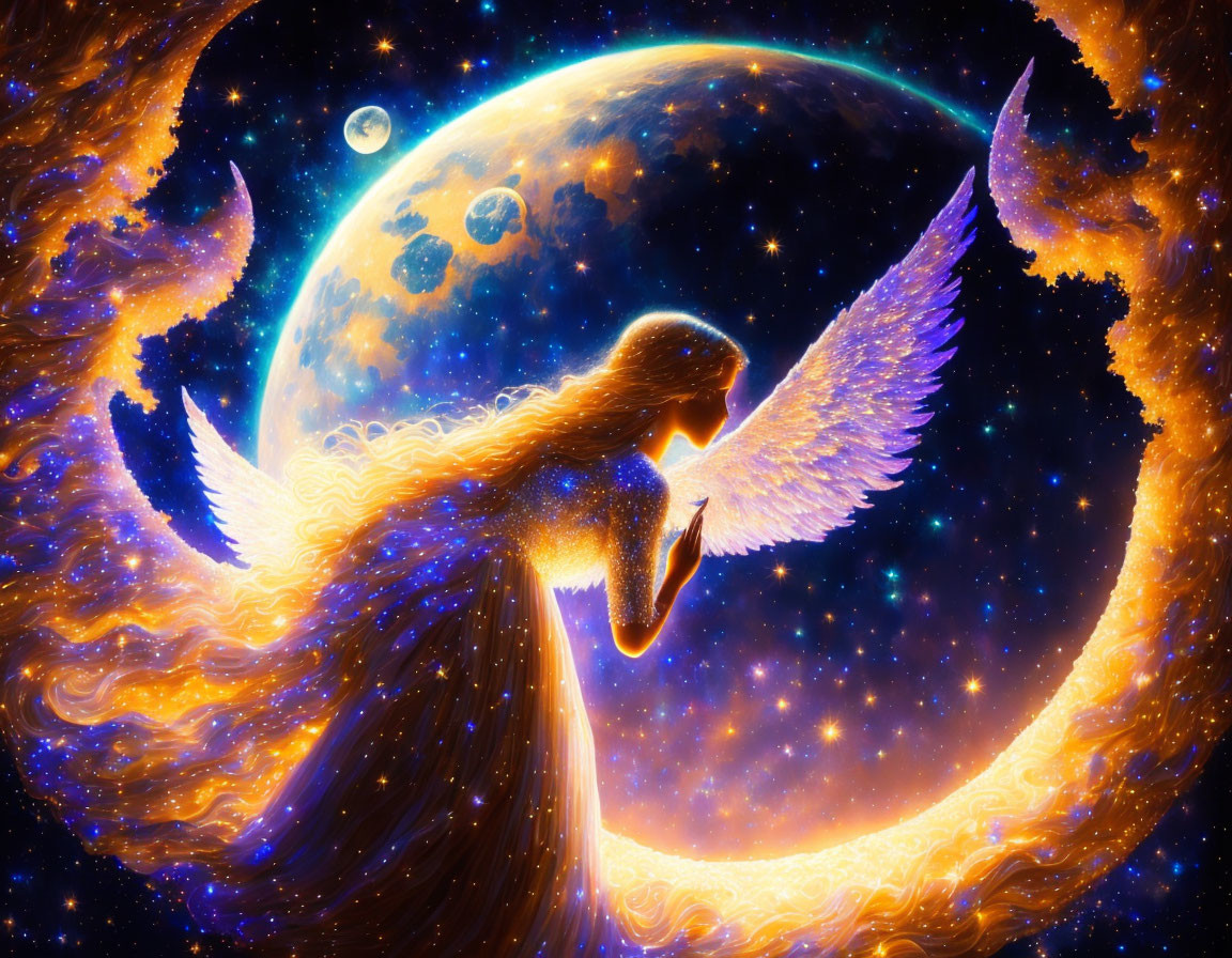 Celestial angel with golden wings in cosmic scene