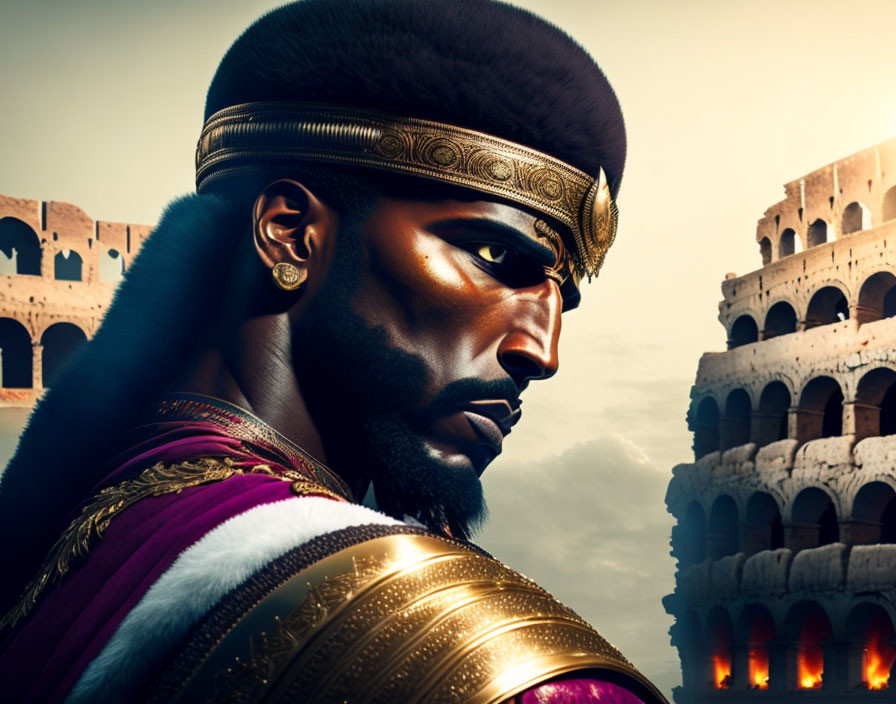 Digital Artwork: Stern Man in Warrior Attire with Coliseum Background