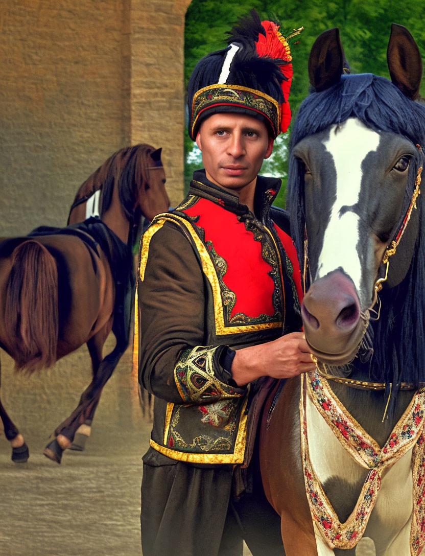 Person in Traditional Ceremonial Attire with Decorated Horse