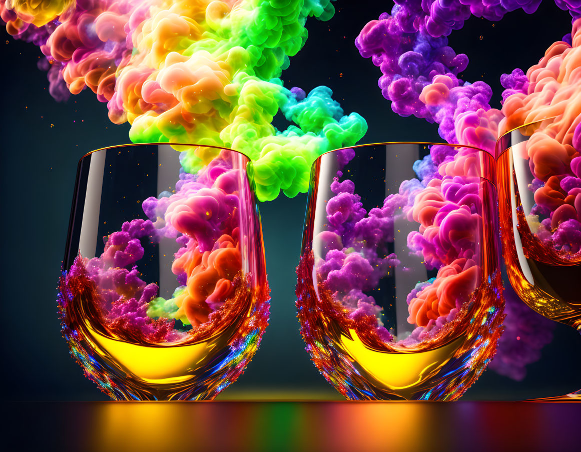 Colorful Smoke Billowing from Glasses on Dark Background