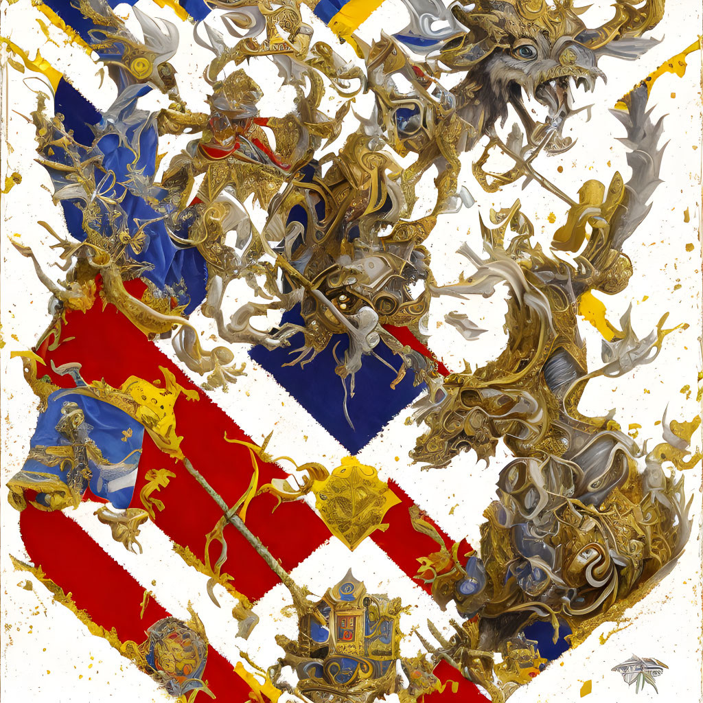 Golden mythical creatures and warriors in ornate illustration with red and blue stripes, shields, and crests