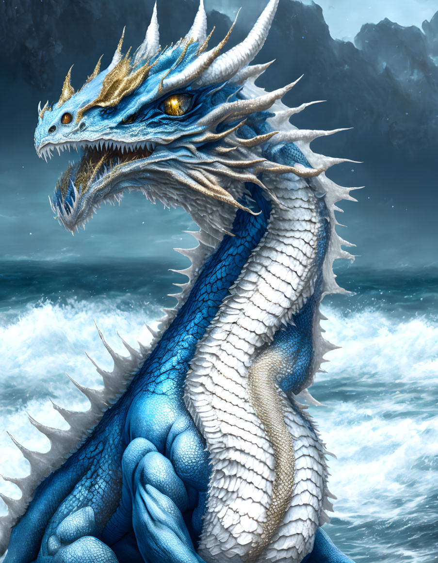 Blue dragon with gold accents emerges from ocean against rocky backdrop