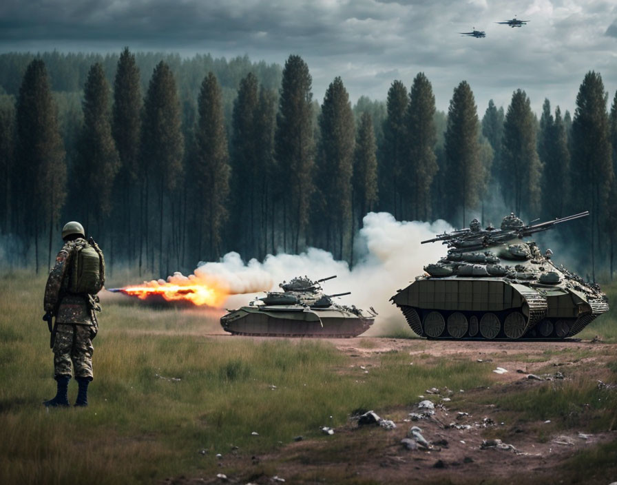 Soldier observing tanks and helicopters in military exercise among trees