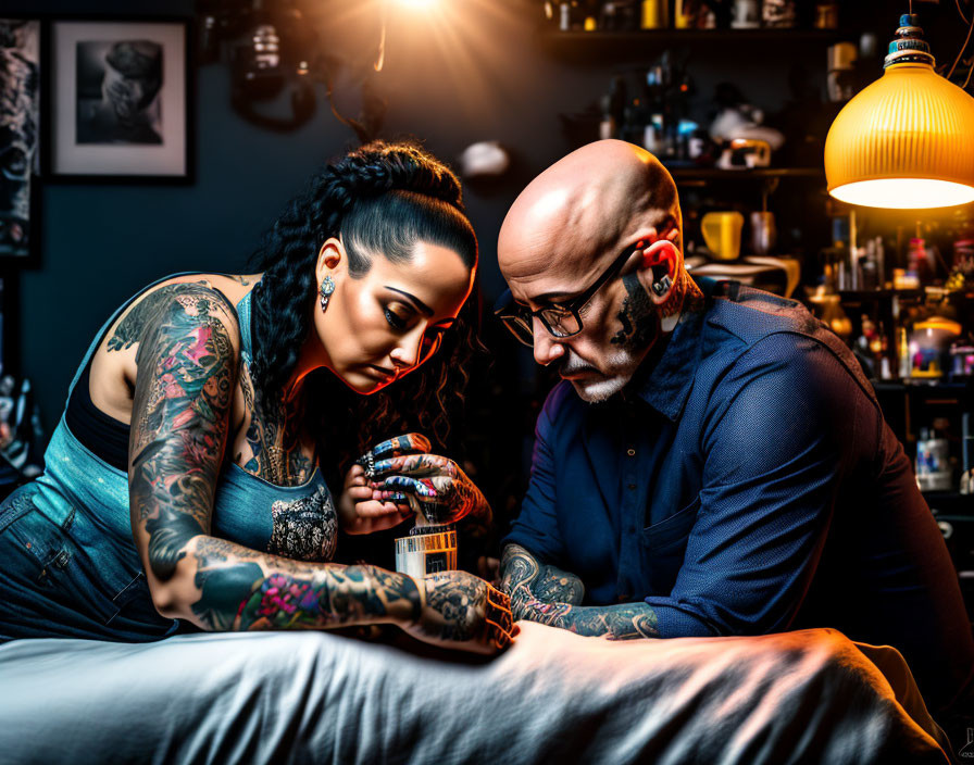 Tattooed individuals inspecting something under warm lighting