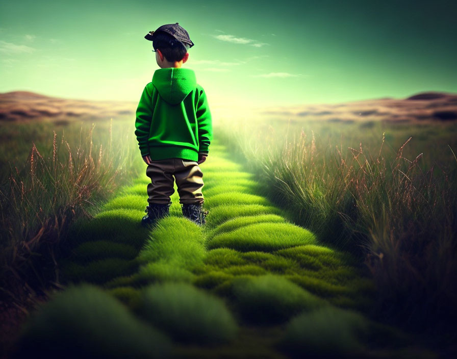 Child on Mossy Path Under Dramatic Sky in Field