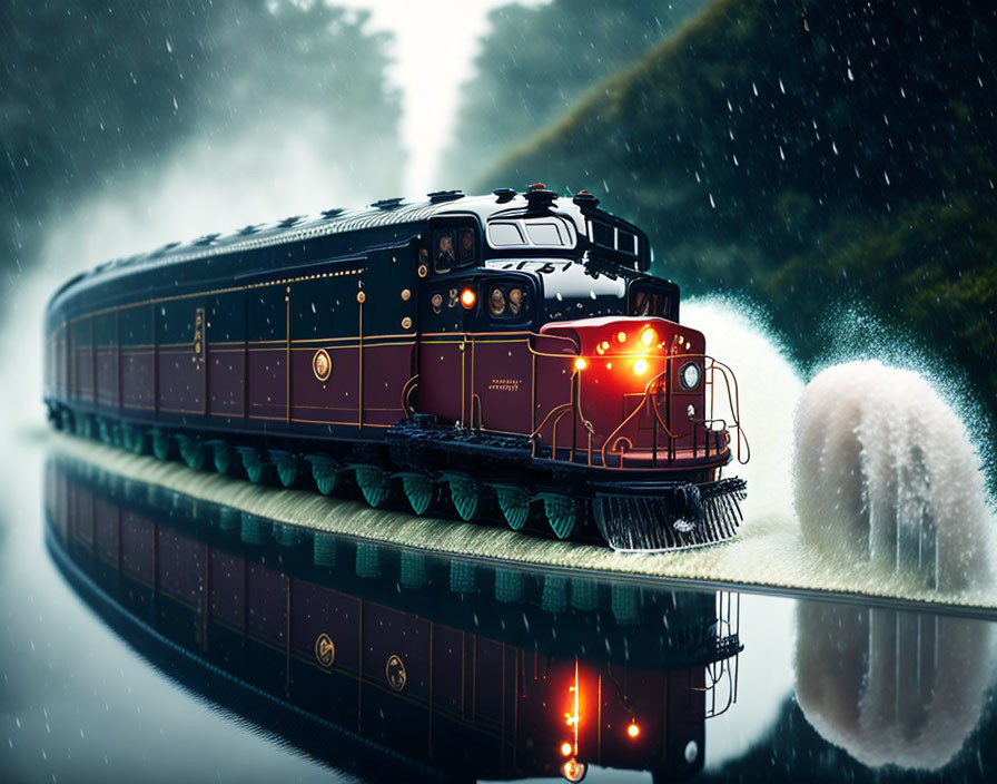 Vintage train with illuminated headlights on snowy track in misty weather