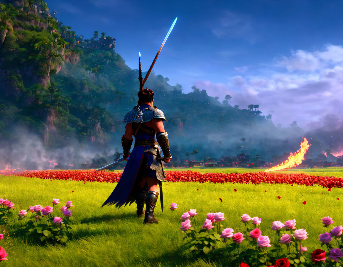 Warrior in field of flowers gazes at dragon in mountain landscape