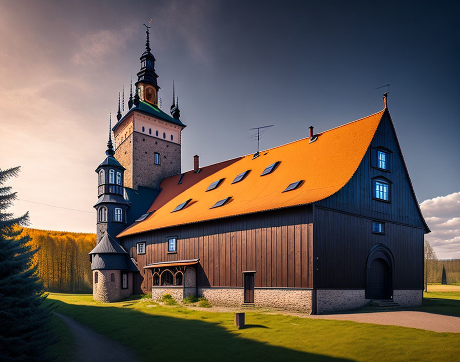 Traditional building with red roof and tall tower in natural setting