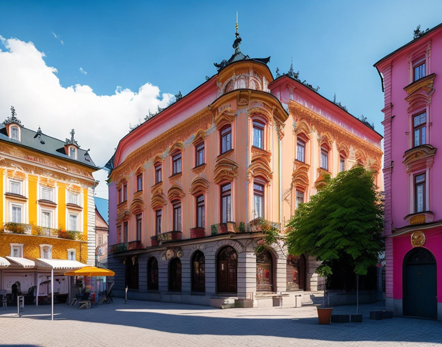 Vibrant pink and yellow historic buildings under clear blue sky