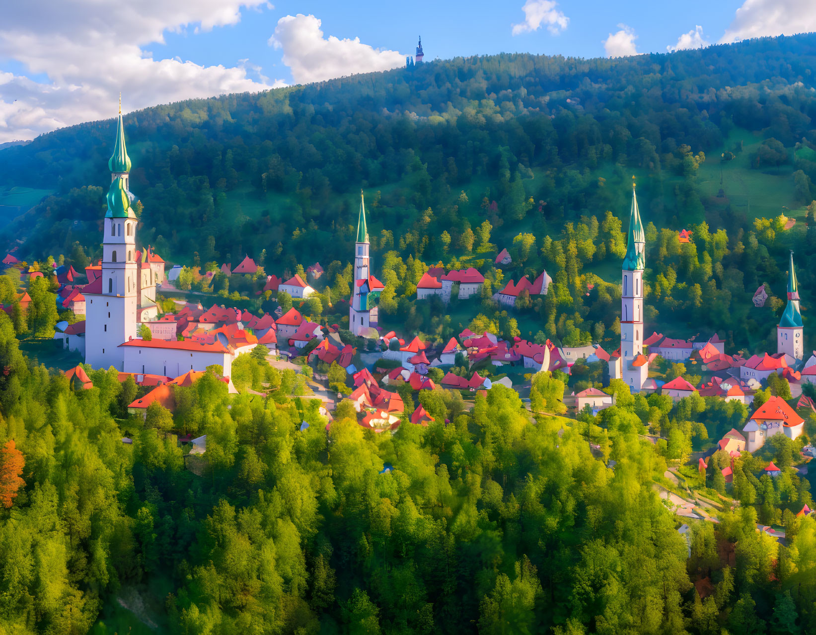 Scenic village with vibrant rooftops and church spires nestled in lush greenery