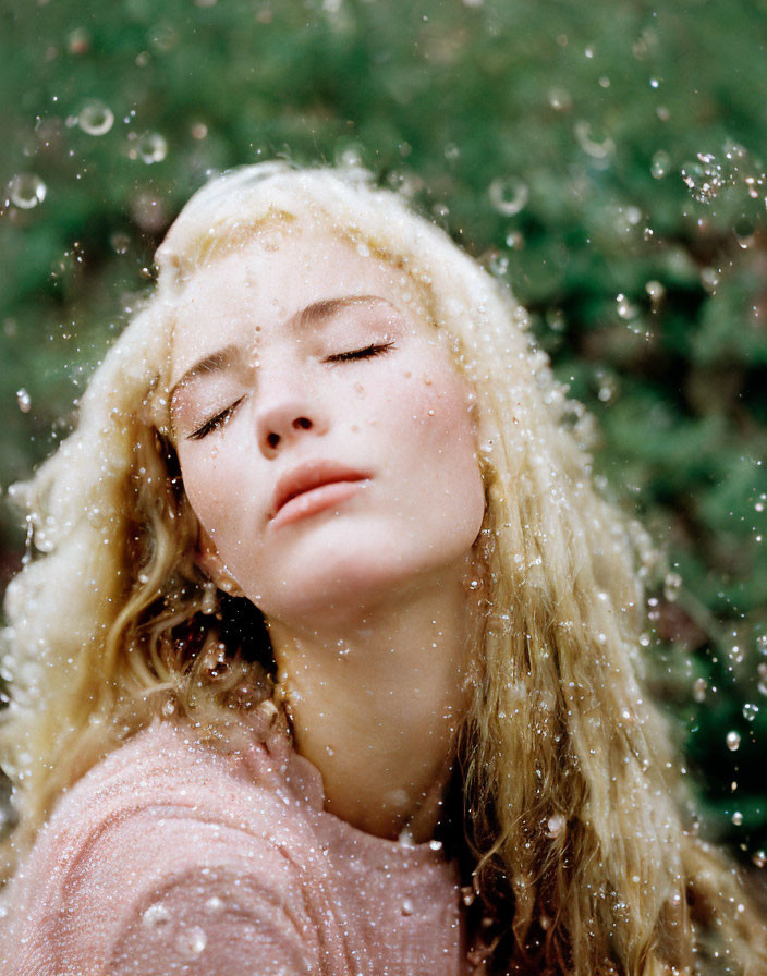 Blond person feeling relaxed in rain shower.