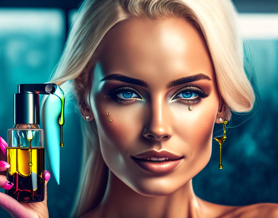 Woman with Striking Makeup Holding Dropper Bottle Dripping Yellow Liquid