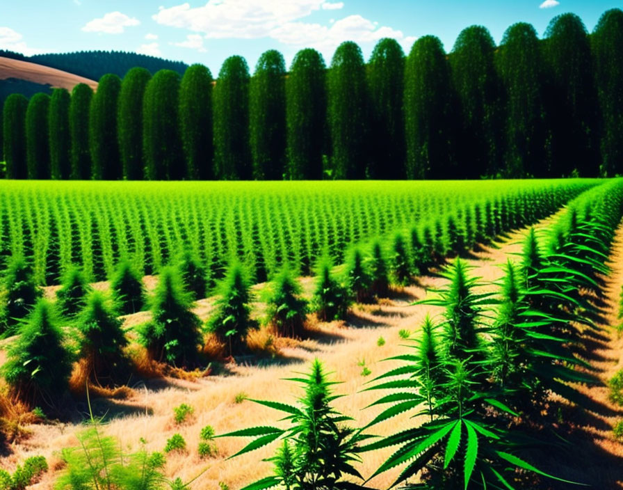 Lush hemp farm with cannabis plants and conical trees under blue sky