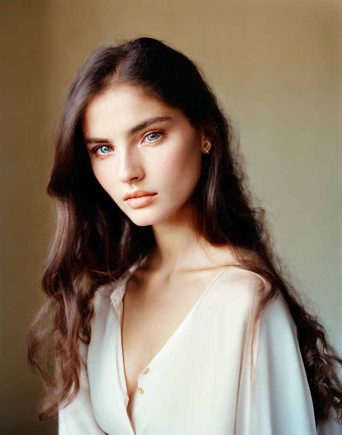 Portrait of Woman with Long Wavy Hair and Blue Eyes in Light Blouse