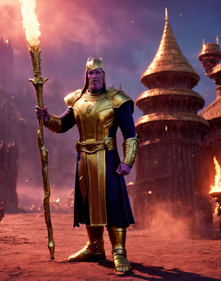 Golden-armored figure with burning staff on fiery battlefield.