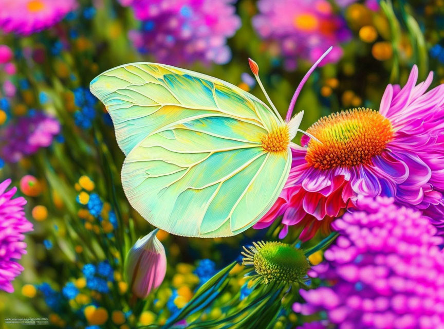 Colorful Butterfly on Pink and Orange Flowers with Floral Bokeh