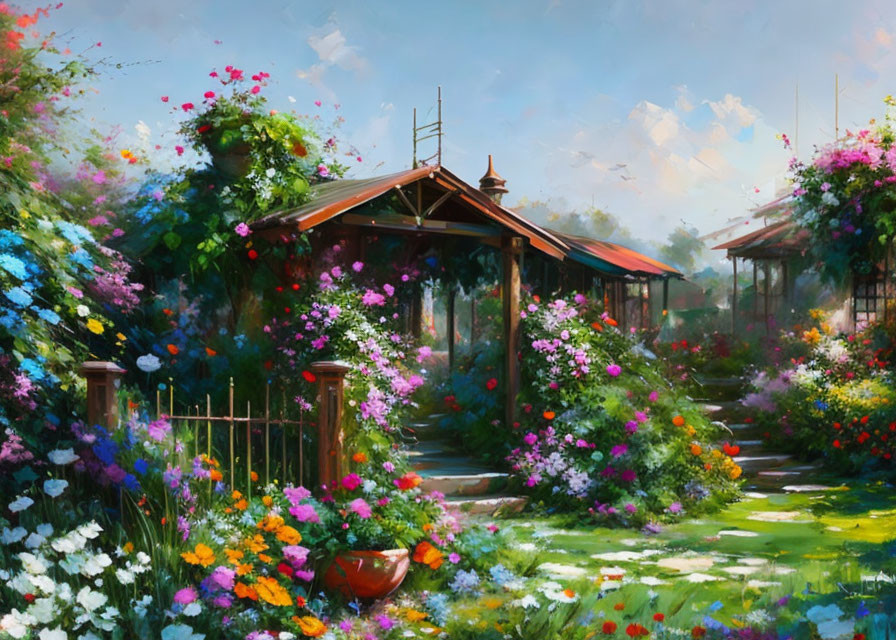 Lush Flower Garden Surrounding Red-Tiled Gazebo