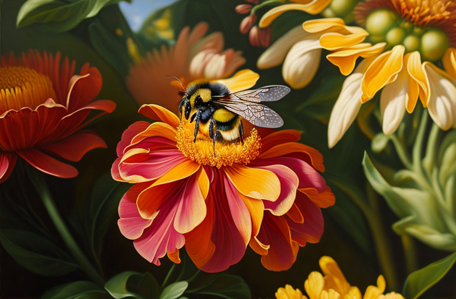 Bumblebee collecting pollen on vibrant orange flower in colorful flora