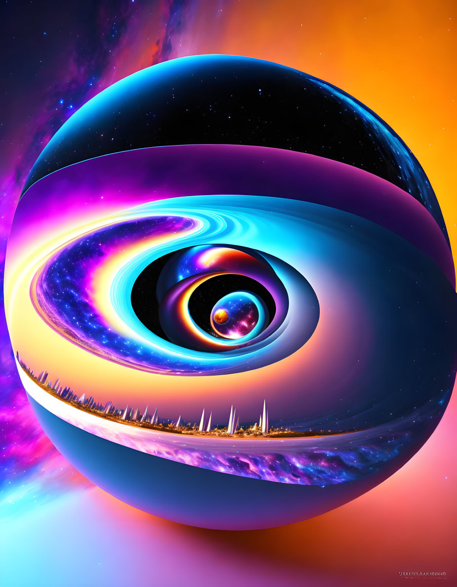 Vibrant surreal image: nested cosmic spheres with galaxy patterns above abstract landscape