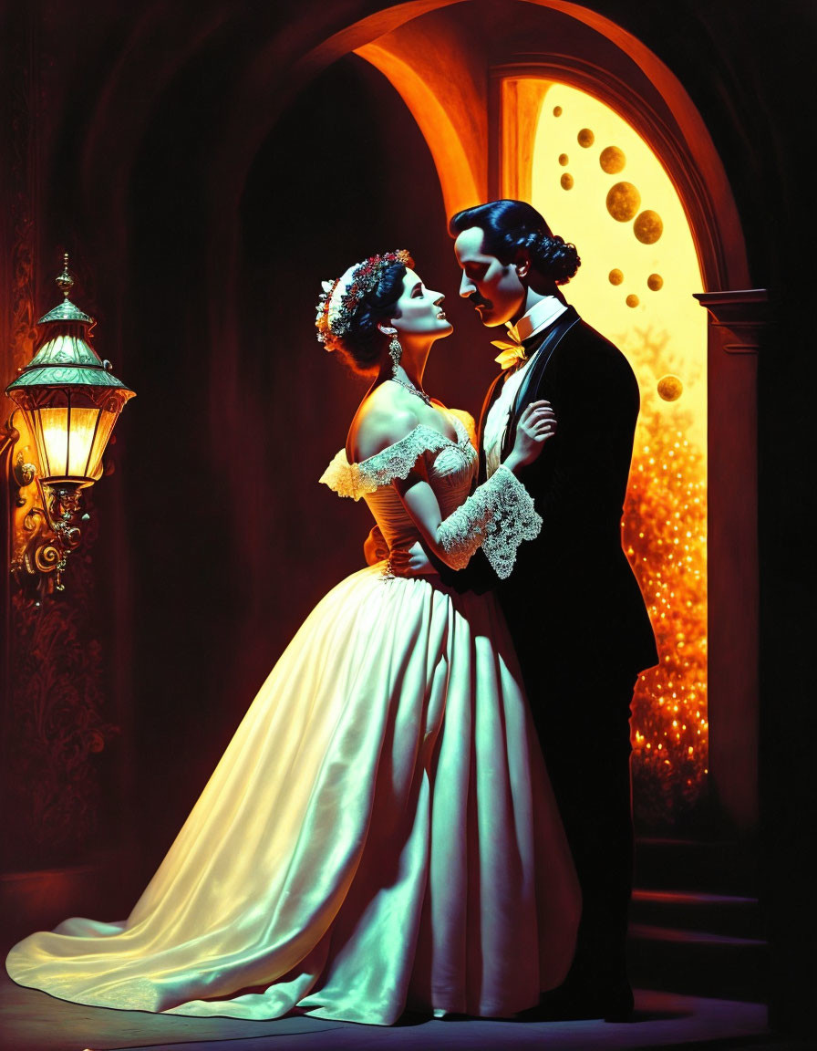 Period Costumed Characters in Romantic Scene Near Warmly Lit Doorway