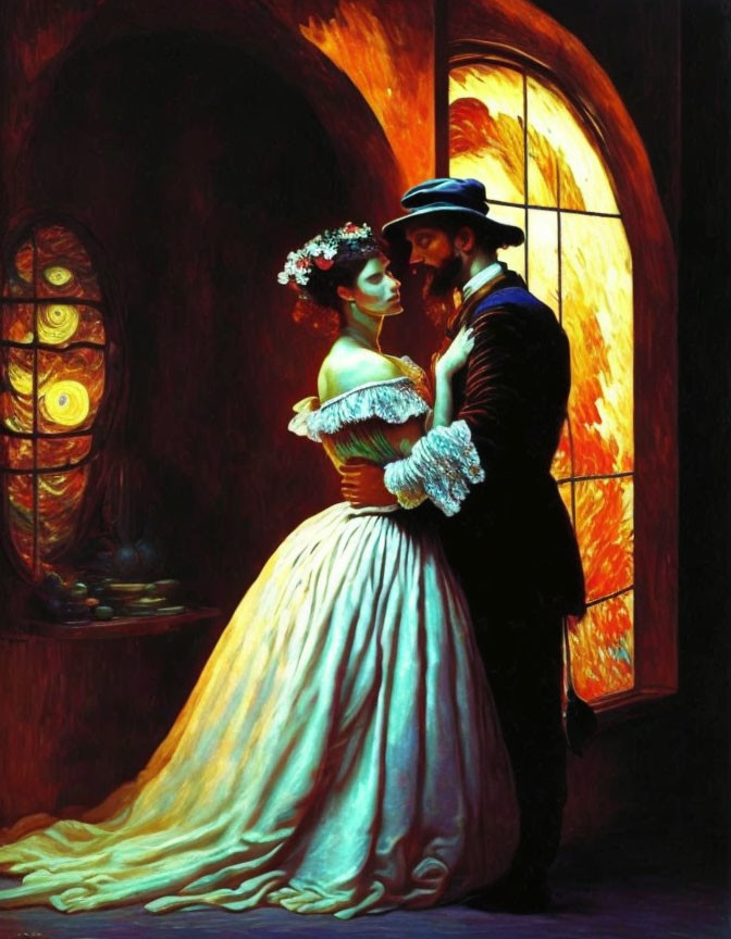 Vintage couple in intimate moment near stained-glass window.