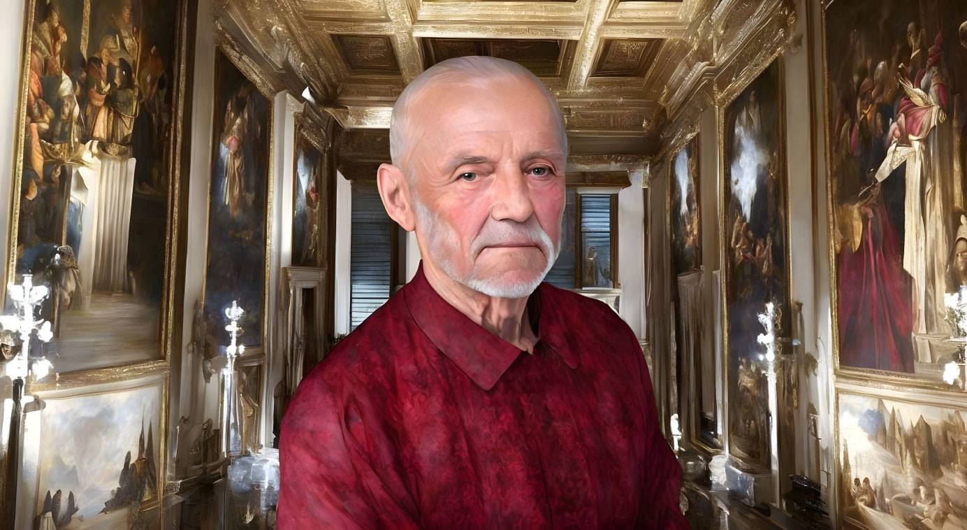 Elderly man in red velvet shirt in luxurious room with gold ceilings