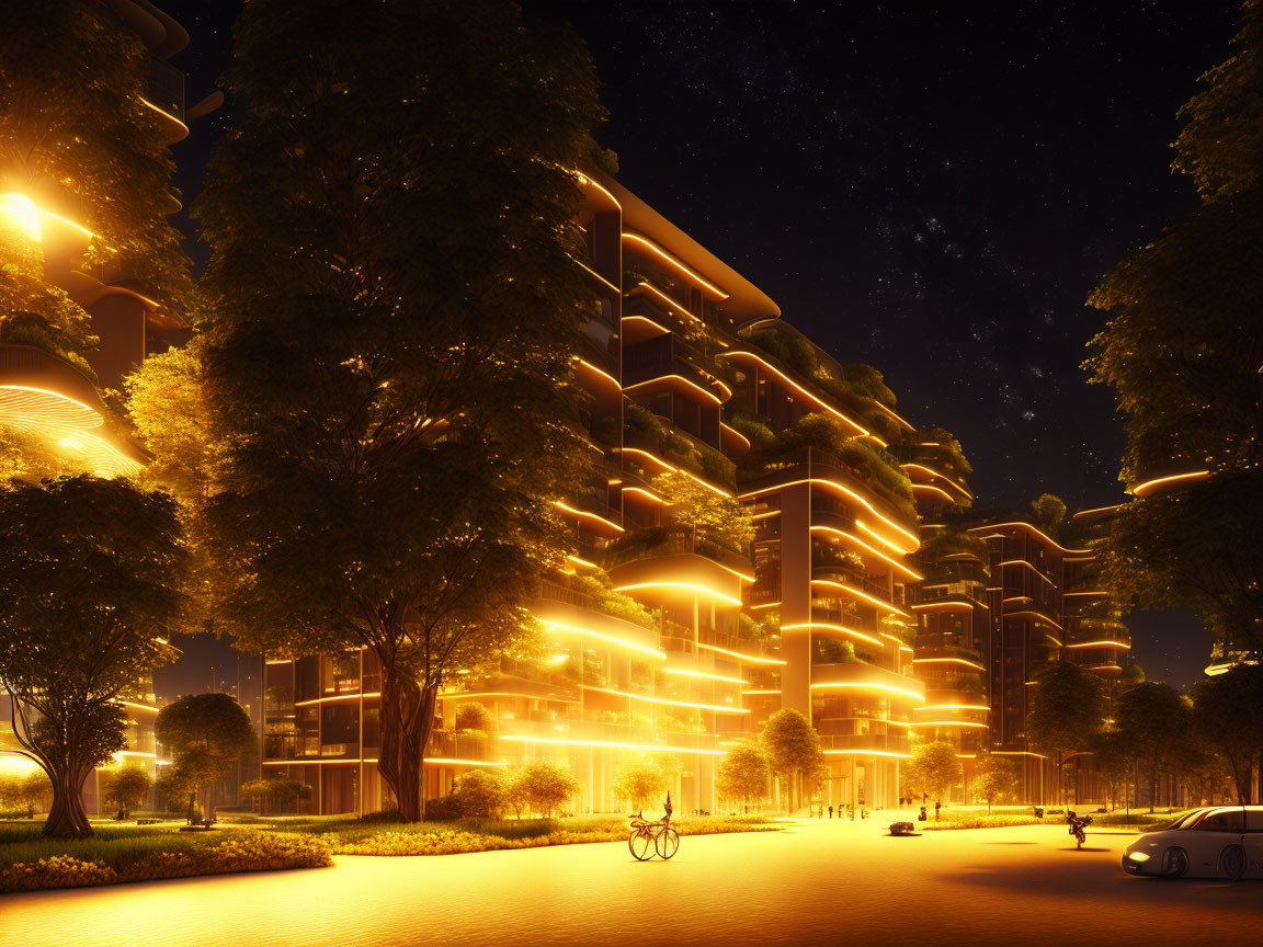 Futuristic illuminated building with terraced design at night, surrounded by trees and people walking.