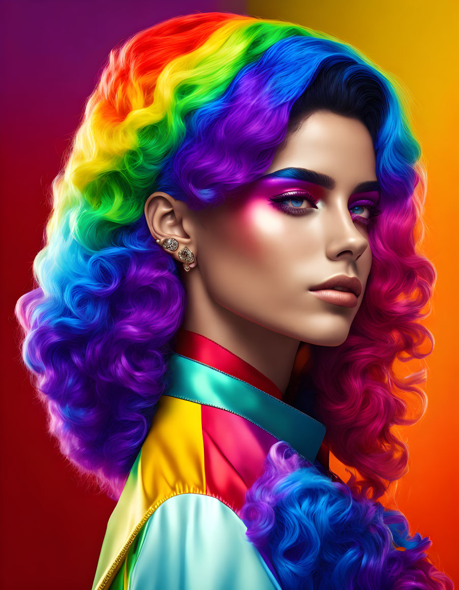 Colorful portrait with rainbow hair and bold makeup on gradient backdrop