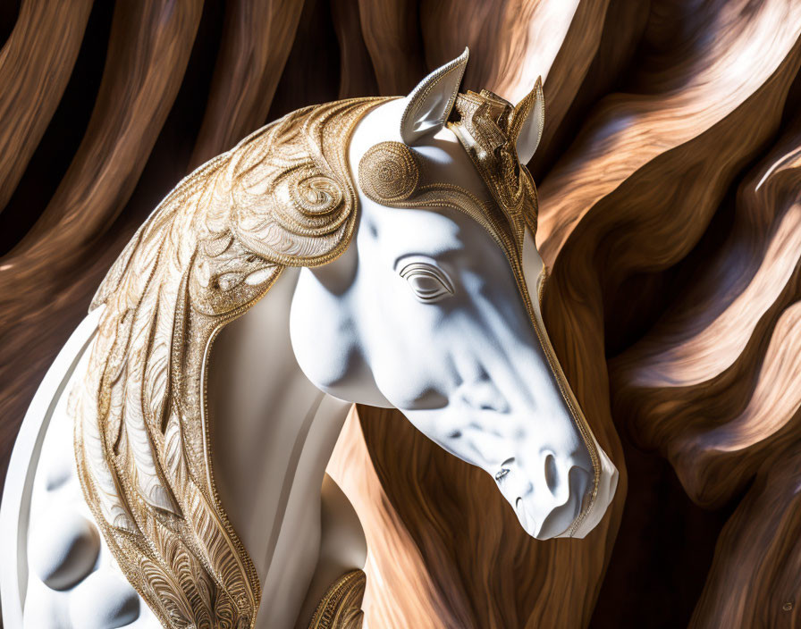 White and Gold Ornate Horse Sculpture on Brown Abstract Background