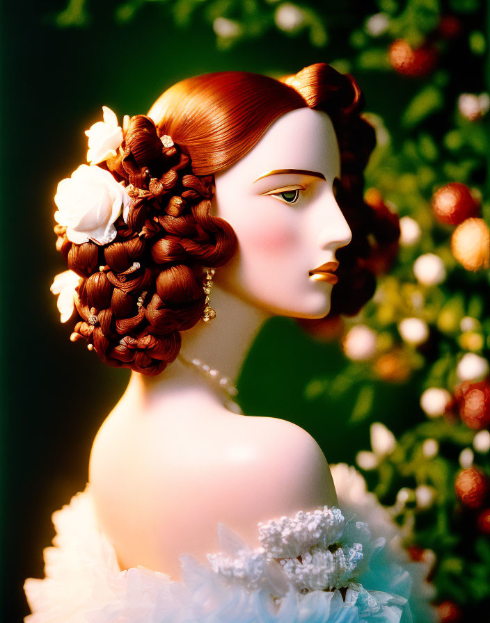 3D illustration of woman with brunette updo and white floral dress