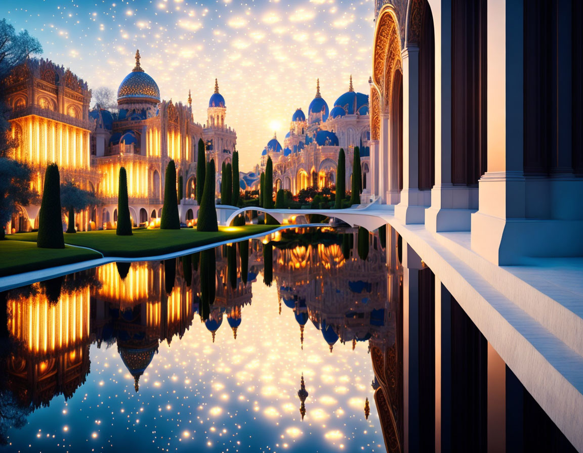 Twilight scene of ornate buildings with domes reflected in water, framed by columns and manicured