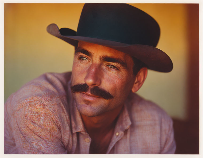 Man with Mustache in Cowboy Hat on Warm Background